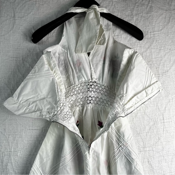 Vintage 70s Mexican Pintuck Halter Handmade Embroidered Floral Fiesta Maxi Dress - Picture 11 of 16